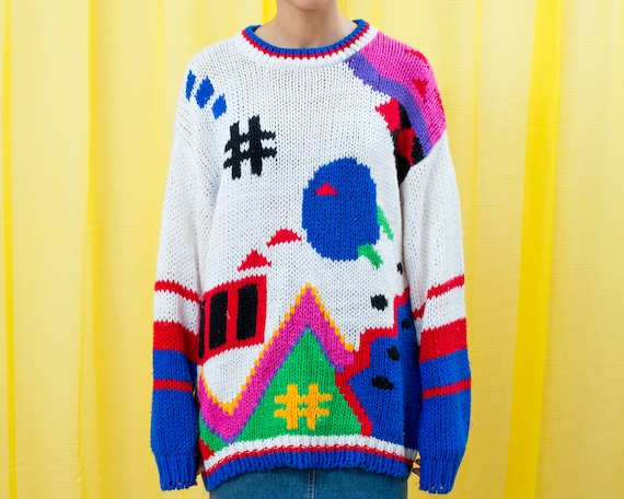 80s rainbow video game graphic sweater xl