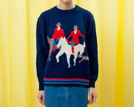 80s navy blue horse graphic equestrian sweater lar