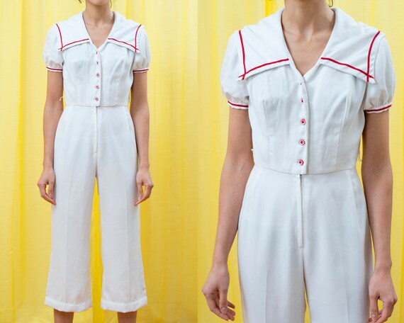 white 70s jumpsuit