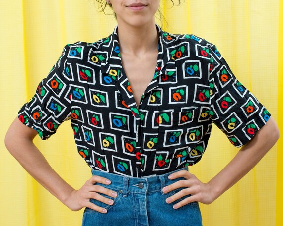 80s black rainbow print blouse large