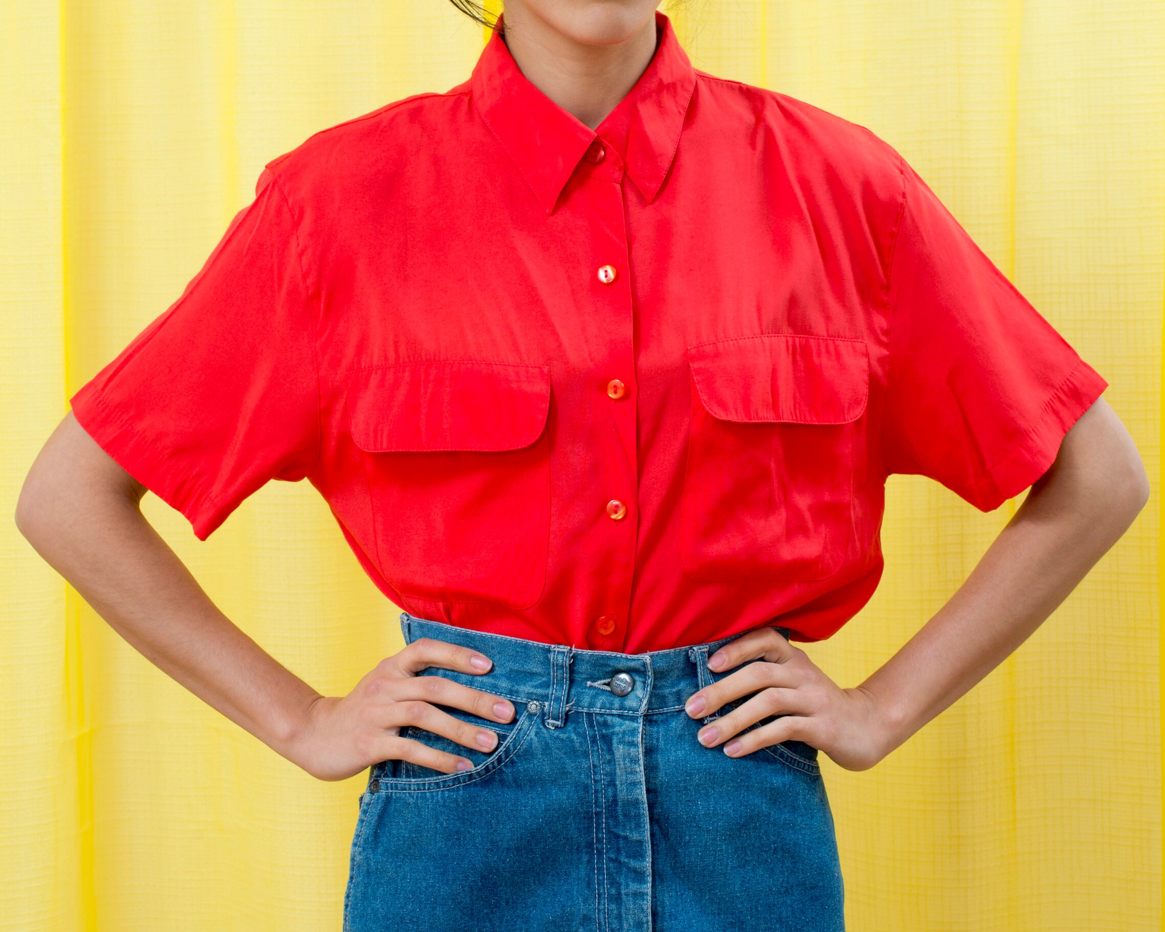 80s Bright Red Button Down Blouse 