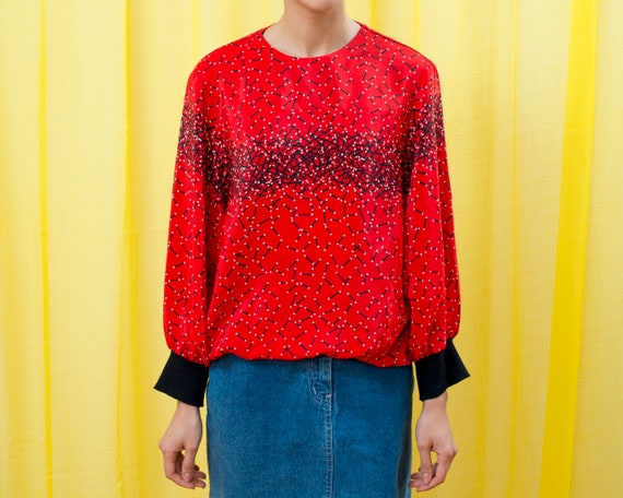 80s red abstract print blouse large