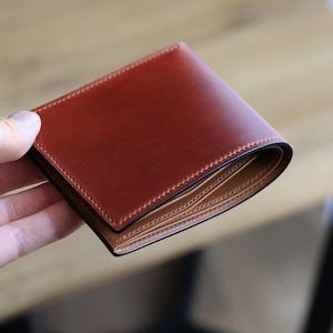 Portefeuille en cordovan coquillage marron rouge - Cadeau à deux volets en cuir pleine fleur de luxe fait main pour lui