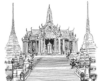 The Grand Palace, Bangkok, Thailand Postcard, Line Drawing Illustration, Black & White