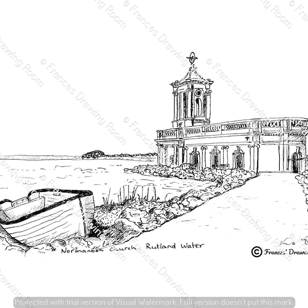 Normanton Church, Rutland Water, East Midlands Postcard, Line Drawing Illustration, Black & White