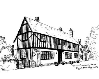 Oliver Cromwell House, Ely Print, Line Drawing Illustration, Black & White