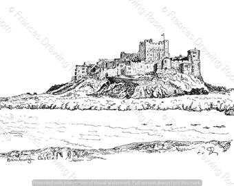 Bamburgh Castle, Northumberland Postcard, Line Drawing Illustration, Black & White