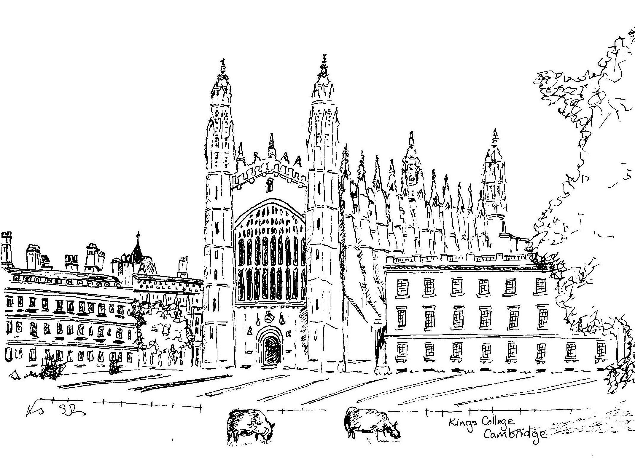 Kings College Cambridge Original Picture, Line Drawing Illustration