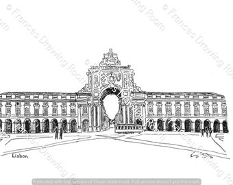Lisbon, Portugal Postcard, Line Drawing Illustration, Black & White