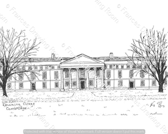 Downing College Cambridge Original Picture, Line Drawing Illustration, Black & White