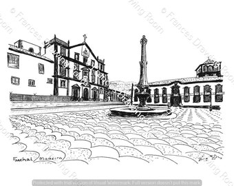 Funchal, Madeira Picture, Line Drawing Illustration, Black & White