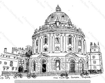 May include: A black and white line drawing of the Radcliffe Camera in Oxford, England. The building has a dome and is surrounded by other buildings.