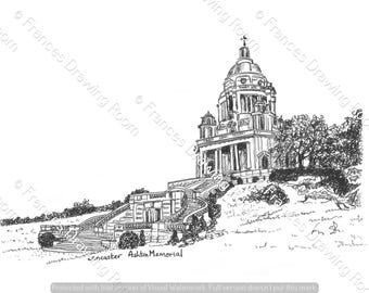 Lancaster Ashton Memorial Picture, Line Drawing Illustration, Black & White