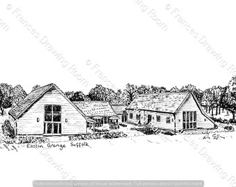 Easton Grange, Suffolk Postcard, Line Drawing Illustration, Black & White