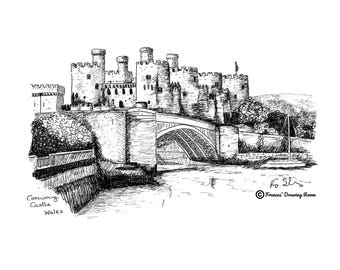 Conwy Castle, Wales Image, Line Drawing Illustration, Black & White