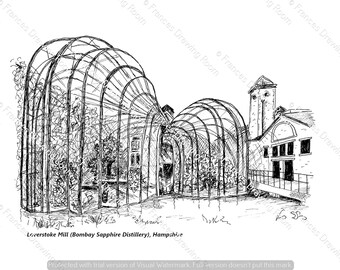 Laverstoke Mill (Bombay Sapphire Distillery), Whitchurch, Hampshire Picture, Line Drawing Illustration, Black & White