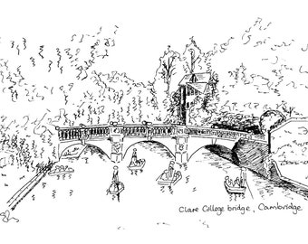May include: A black and white line drawing of a bridge over a river with trees on either side. The bridge has a stone arch and is labeled "Clare College bridge, Cambridge".