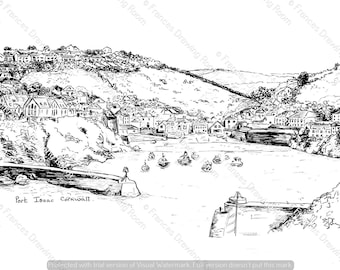 Port Isaac, Cornwall Drawing Digital Image, Line Drawing Illustration, Black & White