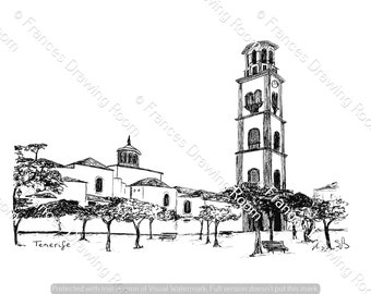 Tenerife Picture, Line Drawing Illustration, Black & White