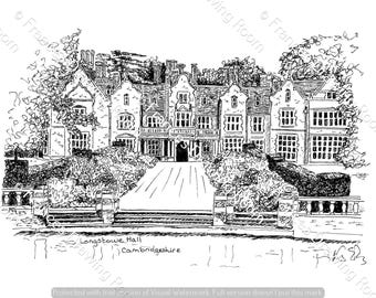Longstowe Hall, Cambridgeshire Digital Image, Line Drawing Illustration, Black & White