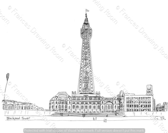 Blackpool Tower Picture, Line Drawing Illustration, Black & White