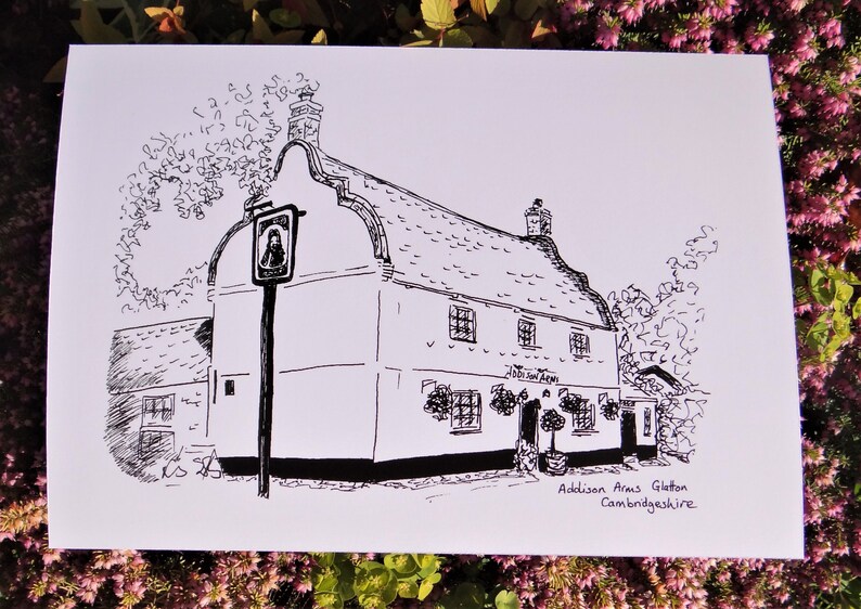 Addison Arms, Glatton Print, Line Drawing Illustration, Black & White image 2