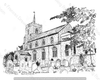 St. John the Baptist Church, Somersham, Cambridgeshire Original Picture, Line Drawing Illustration, Black & White