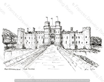 Herstmonceux Postcard, Line Drawing Illustration, Black & White