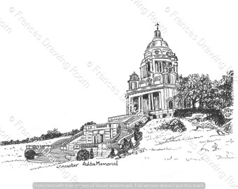 Lancaster Ashton Memorial Postcard, Line Drawing Illustration, Black & White