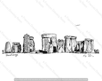 May include: A black and white line drawing of Stonehenge, a prehistoric monument in Wiltshire, England. The drawing shows the iconic stone circle with several large stones standing upright.