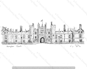 May include: A black and white line drawing of Hampton Court Palace, a historic building with a large gate and multiple towers. The drawing is signed "F.S. 58."