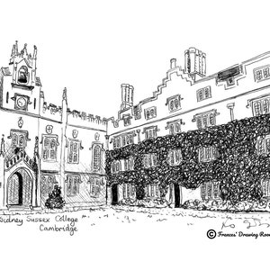 May include: A black and white line drawing of Sidney Sussex College in Cambridge, England. The drawing shows the front of the college, with a large clock tower on the left and a long building with many windows on the right. The building is covered in ivy.