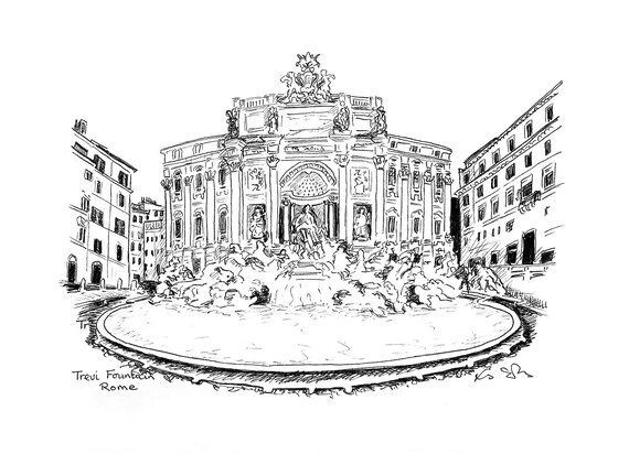 The Trevi Fountain in Rome Italy Vintage design in soft pastel colors  Linear sketch on a watercolor textured background EPS10 vector  illustration Stock Vector  Adobe Stock