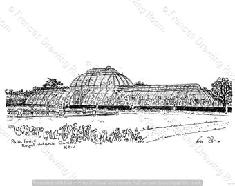 Palm House, Kew Gardens, London Postcard, Line Drawing Illustration, Black & White