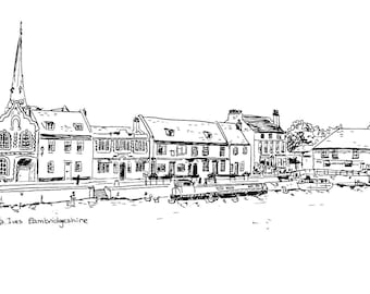 St. Ives Quay, Cambridgeshire Print, Line Drawing Illustration, Black & White