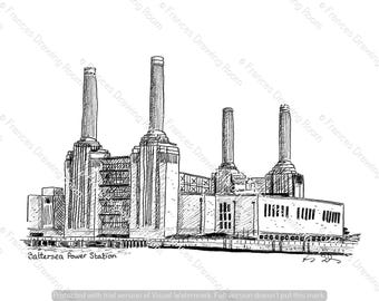 Battersea Power Station, London Digital Image, Line Drawing Illustration, Black & White