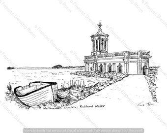 Normanton Church, Rutland Water, East Midlands Digital Image, Line Drawing Illustration, Black & White