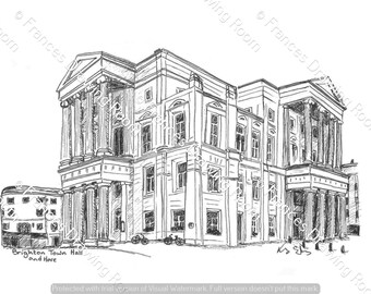 Brighton and Hove Town Hall Postcard, Line Drawing Illustration, Black & White