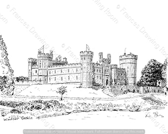 Windsor Castle Postcard, Line Drawing Illustration, Black & White