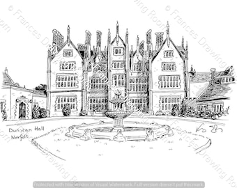 Dunston Hall, Norwich Digital Image, Line Drawing Illustration, Black & White