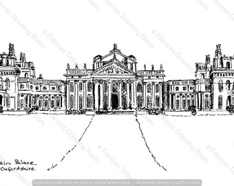 Blenheim Palace Postcard, Line Drawing Illustration, Black & White