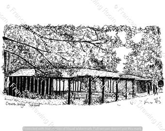 Crown Lodge, Ashford, Kent Postcard, Line Drawing Illustration, Black & White