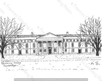 Downing Collage, University of Cambridge Postcard, Line Drawing Illustration, Black & White