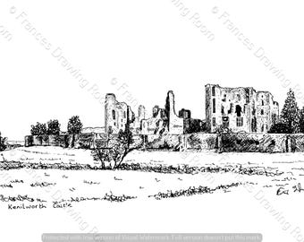 Kenilworth Castle Postcard, Line Drawing Illustration, Black & White
