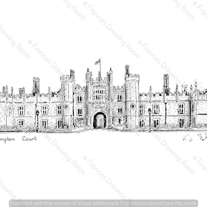 Hampton Court, London Postcard, Line Drawing Illustration, Black & White bild 1
