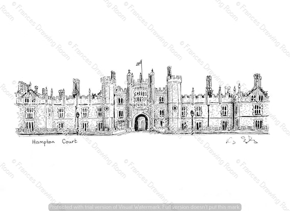 Hampton Court, London Postcard, Line Drawing Illustration, Black & White