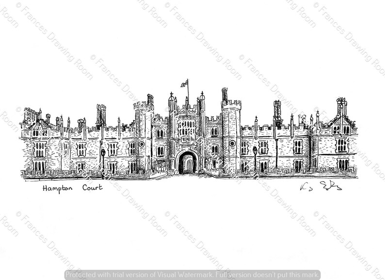 Hampton Court, London Postcard, Line Drawing Illustration, Black & White bild 1