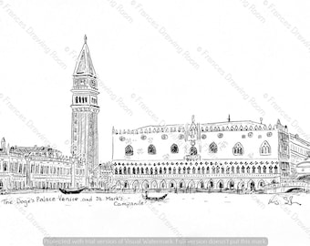 Venice Postcard, Line Drawing Illustration, Black & White