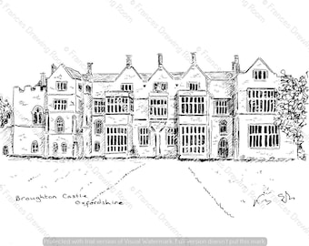 Broughton Castle, Oxfordshire Postcard, Line Drawing Illustration, Black & White