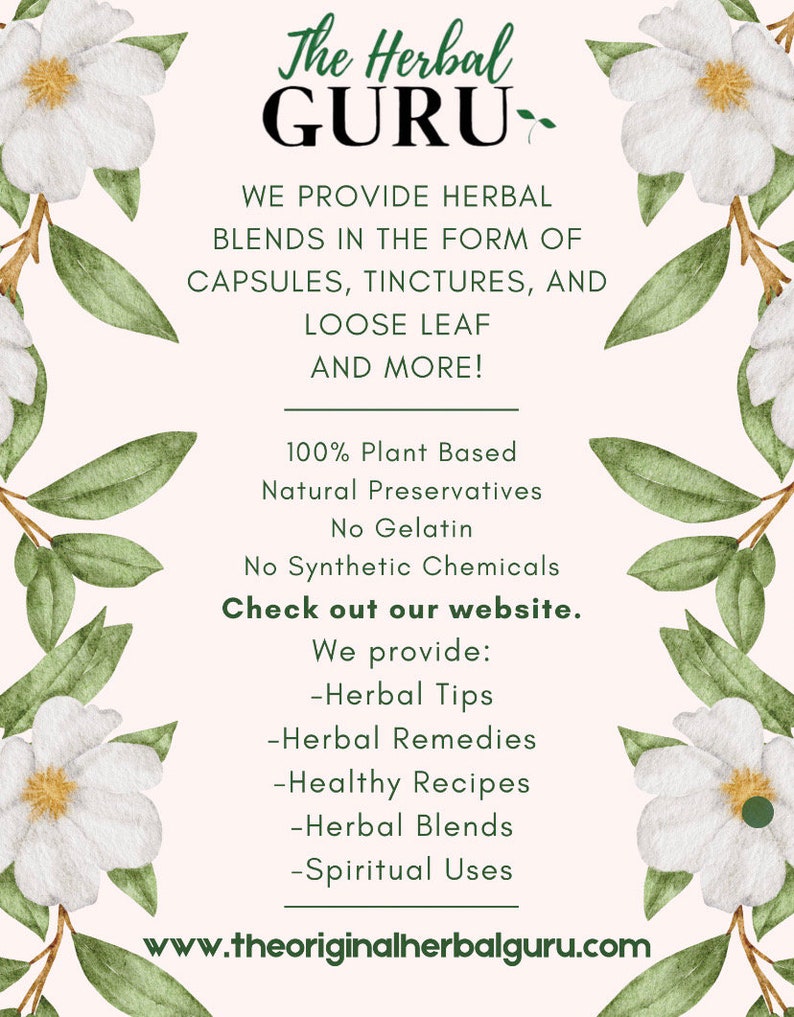 Puede incluir: Un gr&aacute;fico rosa y verde con flores blancas y el texto "The Herbal GURU" en fuente blanca y negra. El texto debajo dice "We provide herbal blends in the form of capsules, tinctures, and loose leaf and more! 100% Plant Based Natural Preservatives No Gelatin No Synthetic Chemicals Check out our website. We provide: -Herbal Tips -Herbal Remedies -Healthy Recipes -Herbal Blends -Spiritual Uses www.theoriginalherbalguru.com"